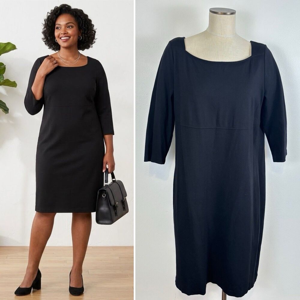 Talbots Woman Black Ponte Sheath Dress Square Neck 3/4 Sleeve Plus Size 16W